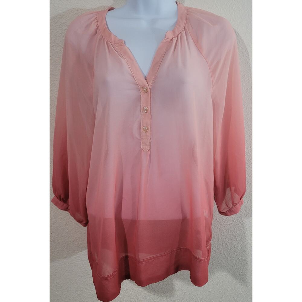 New York & Co. Orange Ombre Sheer Top Small Band Collar V Neck LIghtweight